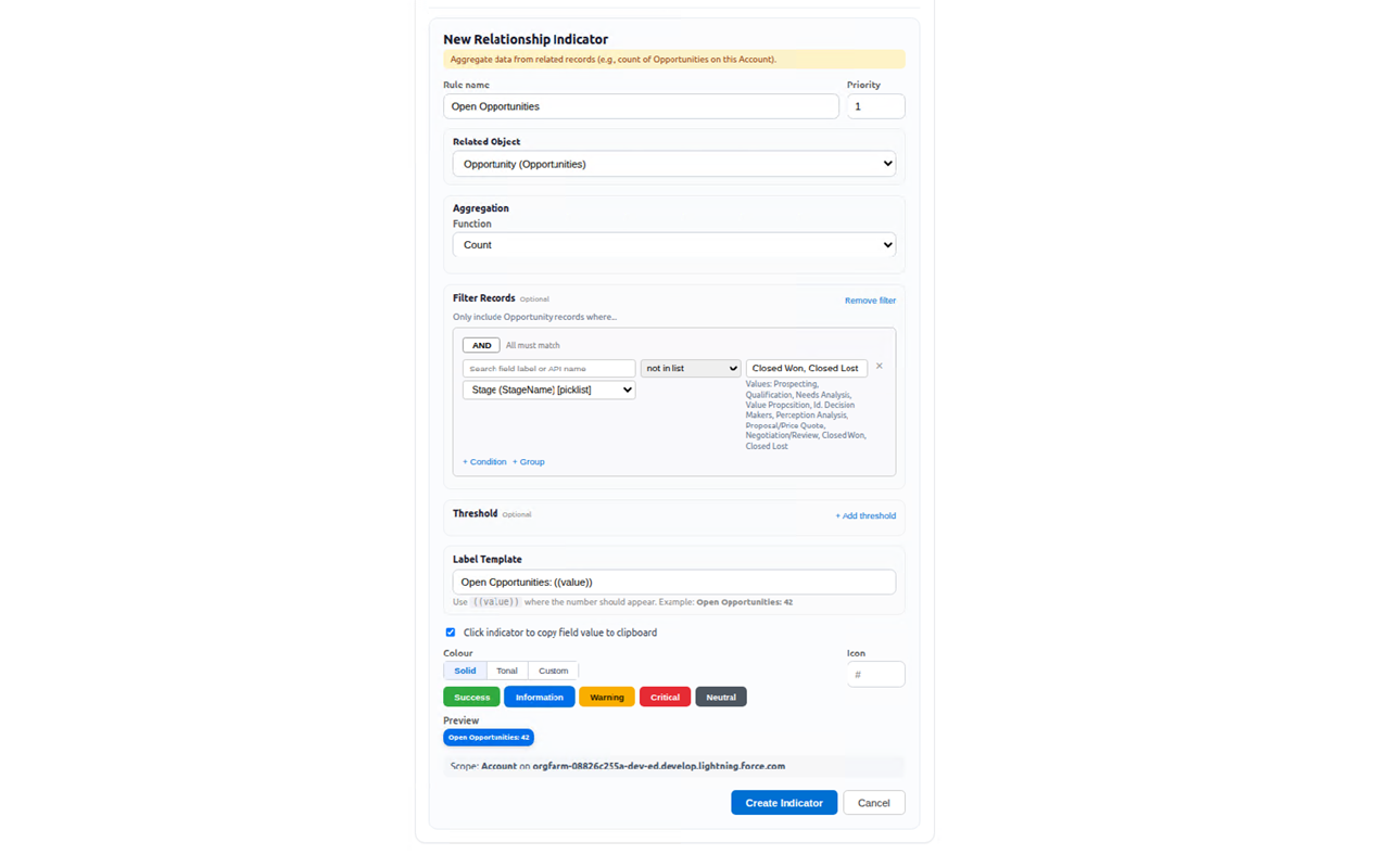 Salesforce Record Indicator options view listing multiple account indicator rules.