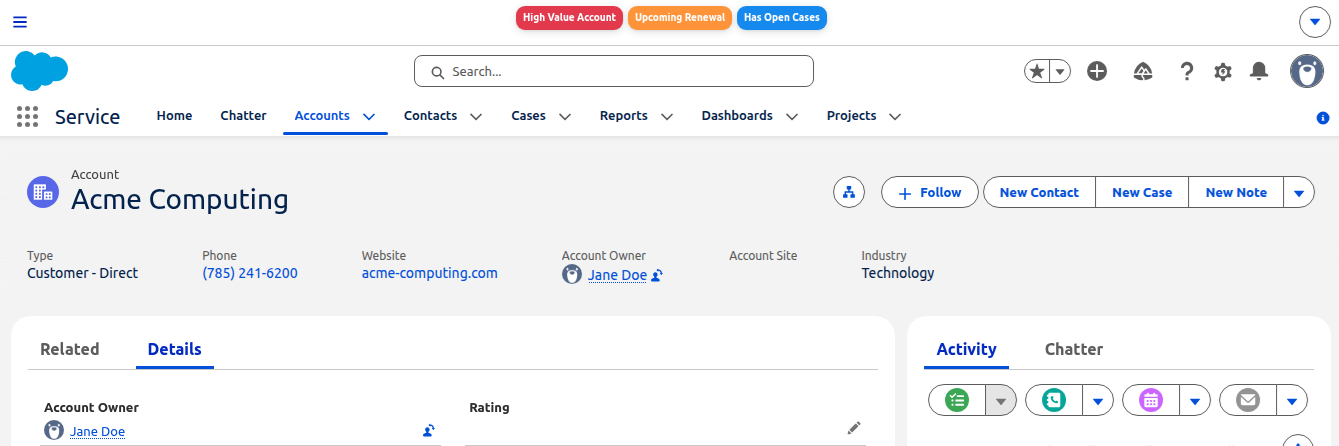 Salesforce account record page with coloured indicator badges shown across the top.