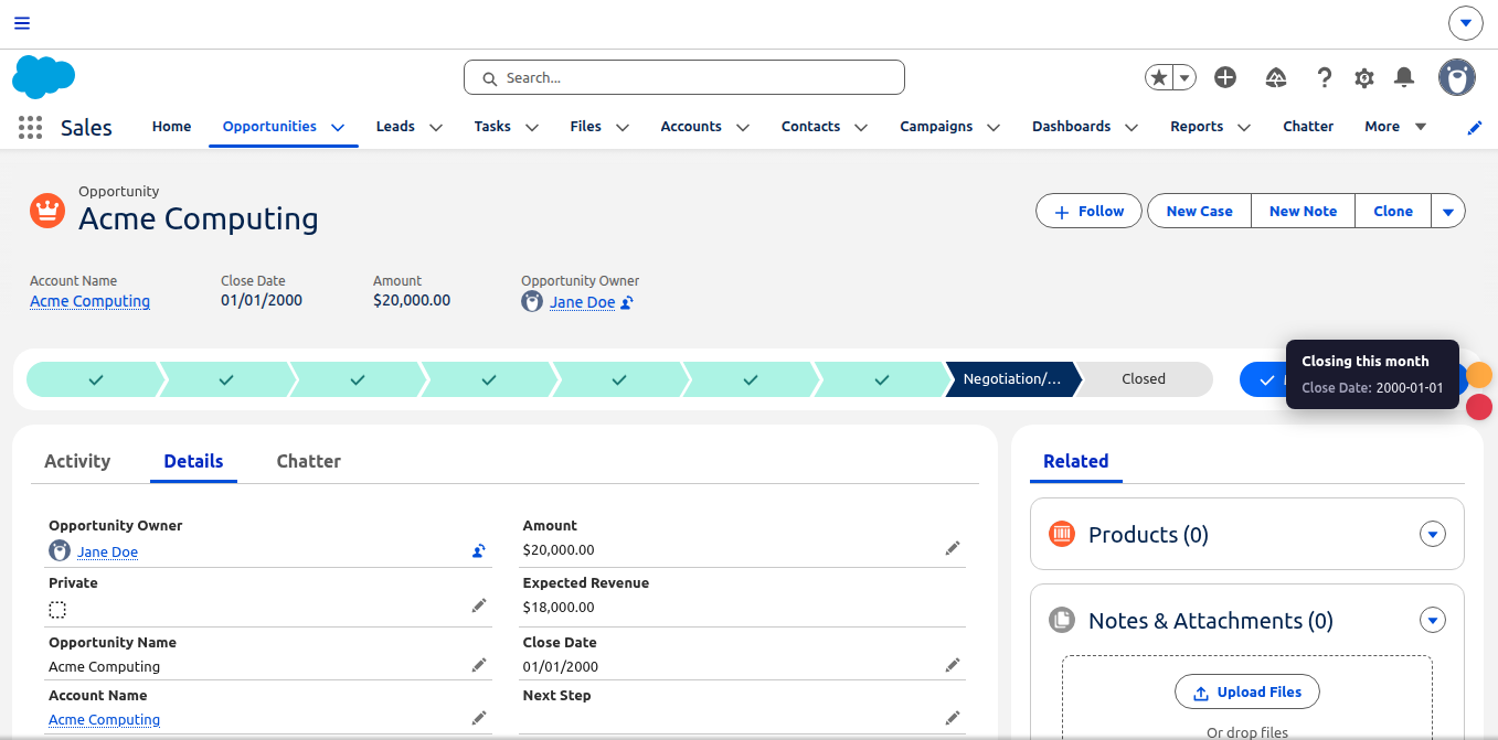 Salesforce opportunity record page with coloured record indicators displayed on the right side.